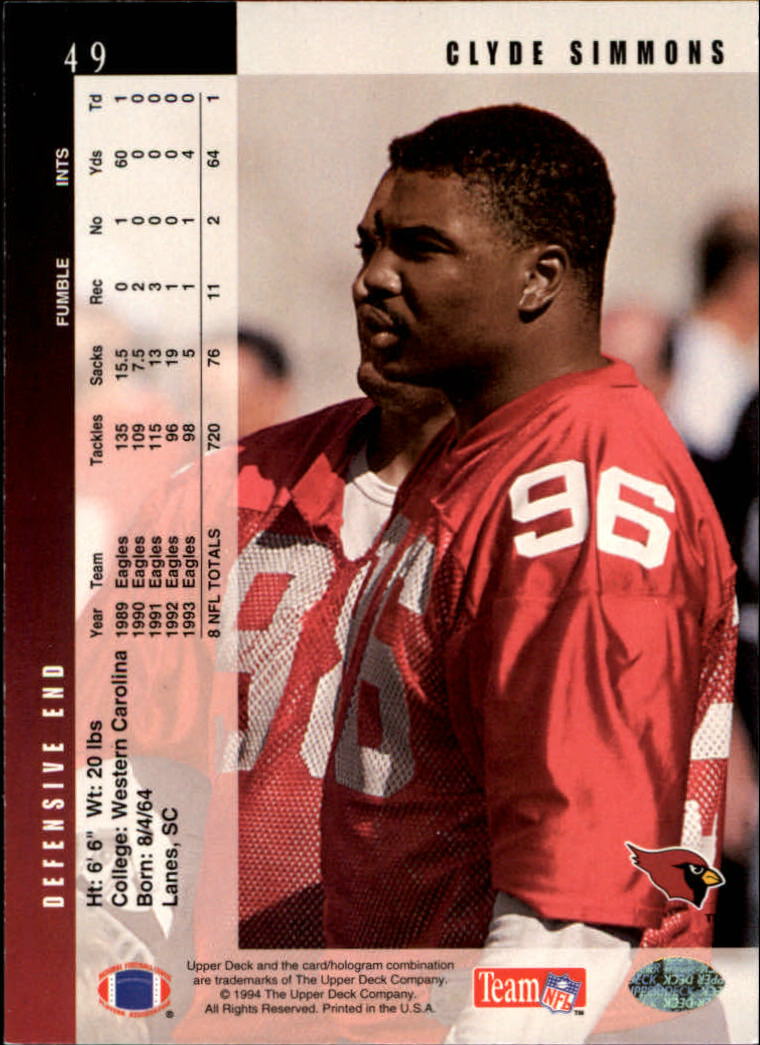 1994 Upper Deck #49 Clyde Simmons back image