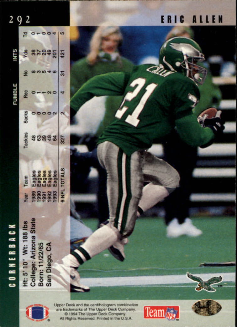 1994 Upper Deck #292 Eric Allen back image