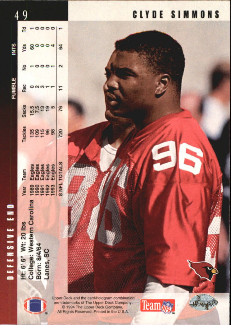 1994 Upper Deck Electric Silver #49 Clyde Simmons back image