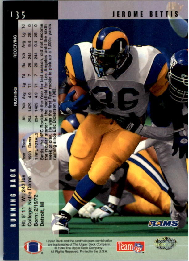 1994 Upper Deck Electric Silver #135 Jerome Bettis back image