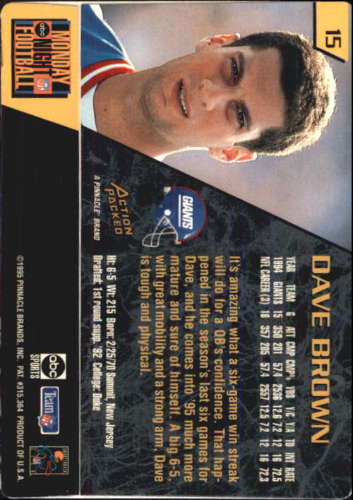 1995 Action Packed Monday Night Football #15 Dave Brown back image