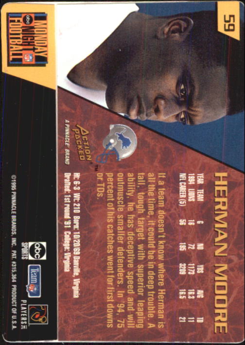 1995 Action Packed Monday Night Football #59 Herman Moore back image