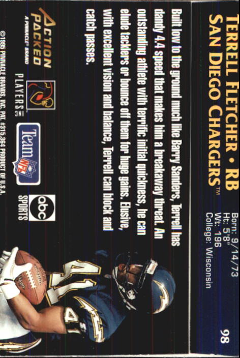 1995 Action Packed Monday Night Football #98 Terrell Fletcher NY RC back image
