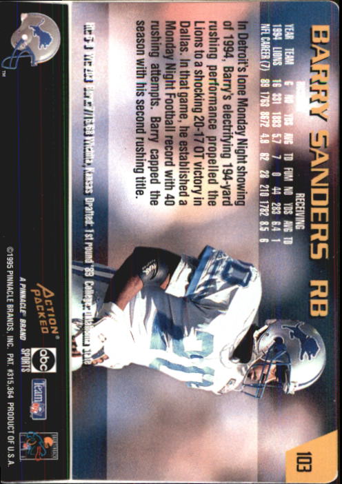 1995 Action Packed Monday Night Football #103 Barry Sanders C back image
