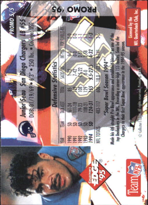 1995 Collector's Edge Junior Seau Promos #5 Junior Seau/Super Bowl Season 1994 back image