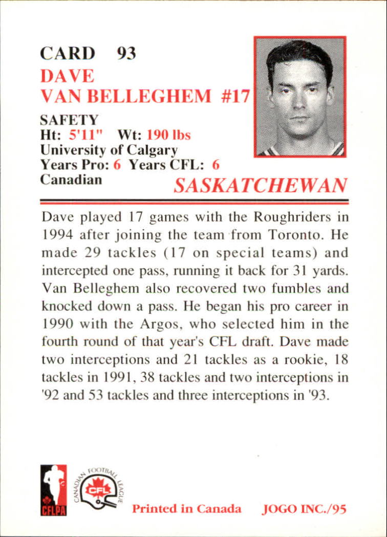 1995 JOGO #93 Dave  Van Belleghem back image