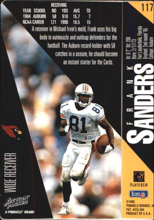 1995 Action Packed #117 Frank Sanders RC back image