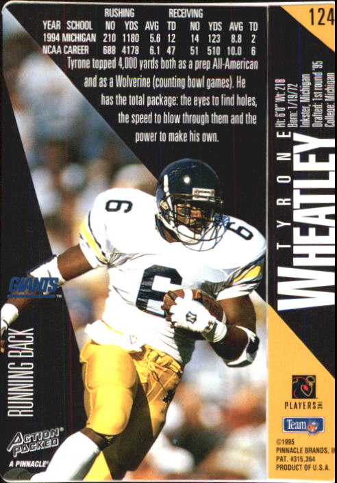 1995 Action Packed #124 Tyrone Wheatley RC back image