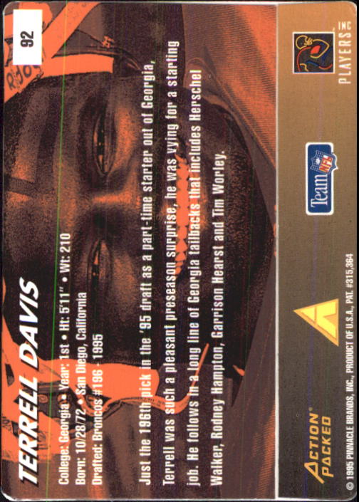 1995 Action Packed Rookies/Stars #92 Terrell Davis RC back image