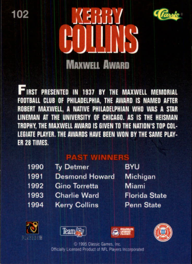 1995 Classic NFL Rookies #102 Kerry Collins AW back image