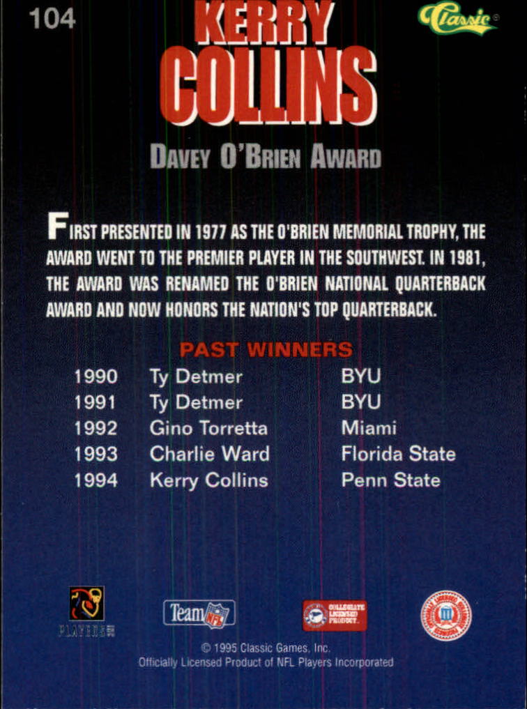 1995 Classic NFL Rookies #104 Kerry Collins AW back image