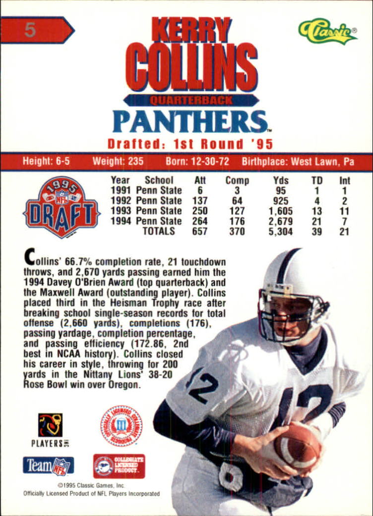 1995 Classic NFL Rookies Silver #5 Kerry Collins back image