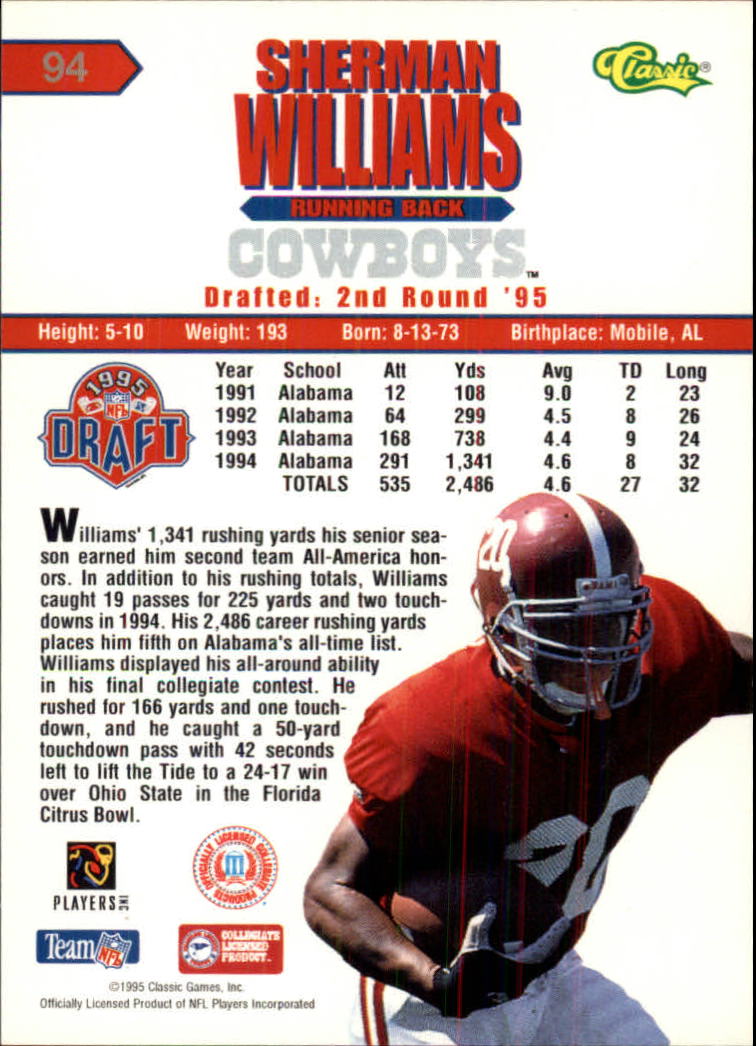 1995 Classic NFL Rookies Silver #94 Sherman Williams back image
