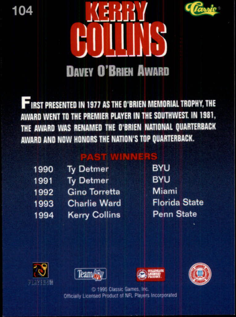 1995 Classic NFL Rookies Silver #104 Kerry Collins AW back image