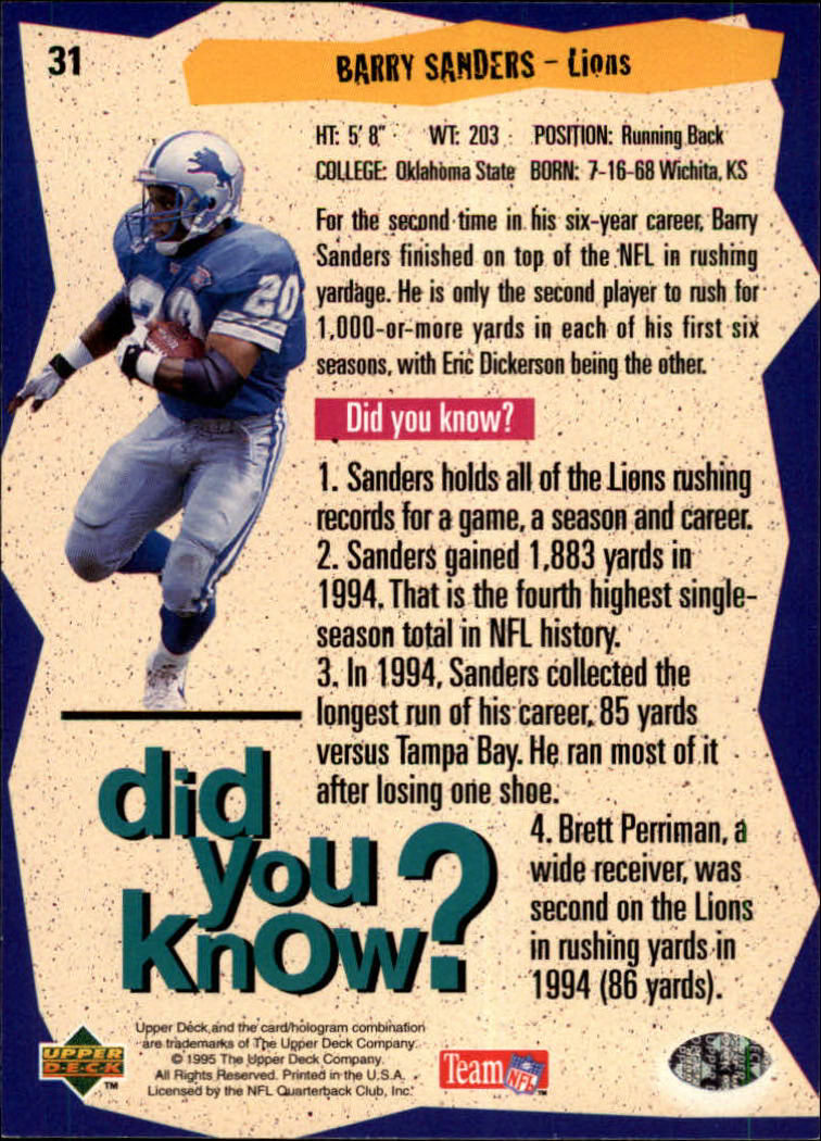 1995 Collector's Choice #31 Barry Sanders DYK back image