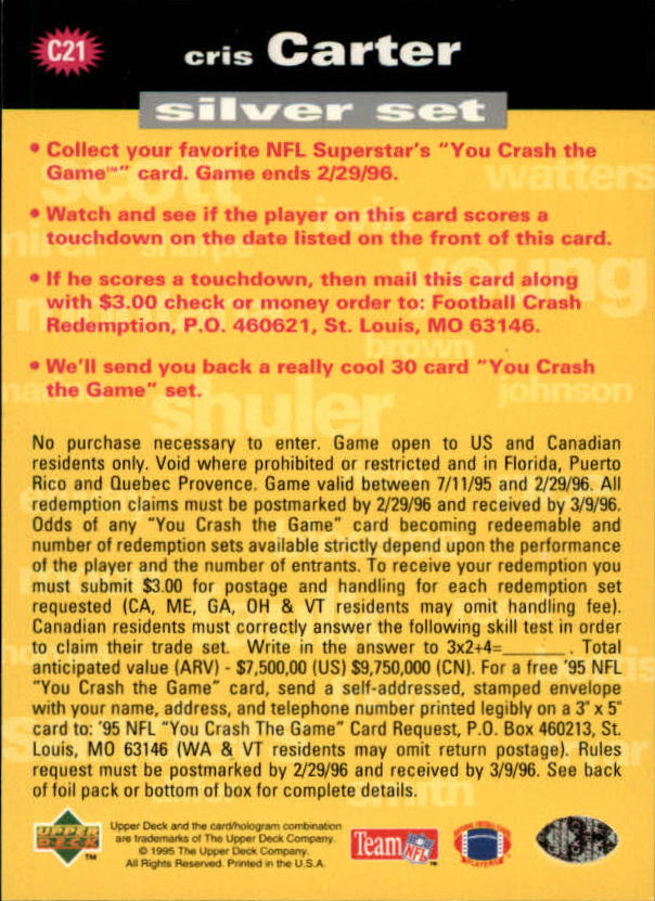 1995 Collector's Choice Crash The Game #C21B Cris Carter 10/30 L back image