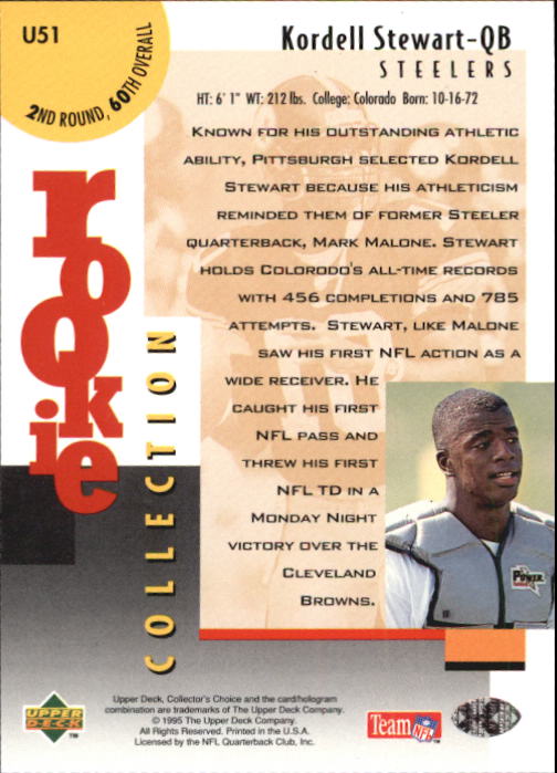 1995 Collector's Choice Update #U51 Kordell Stewart RC back image