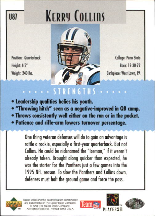 1995 Collector's Choice Update #U87 Kerry Collins K back image