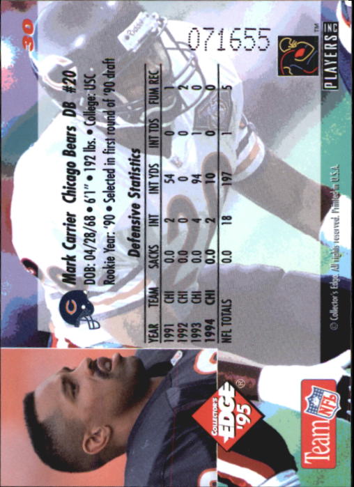 1995 Collector's Edge #30 Mark Carrier DB back image
