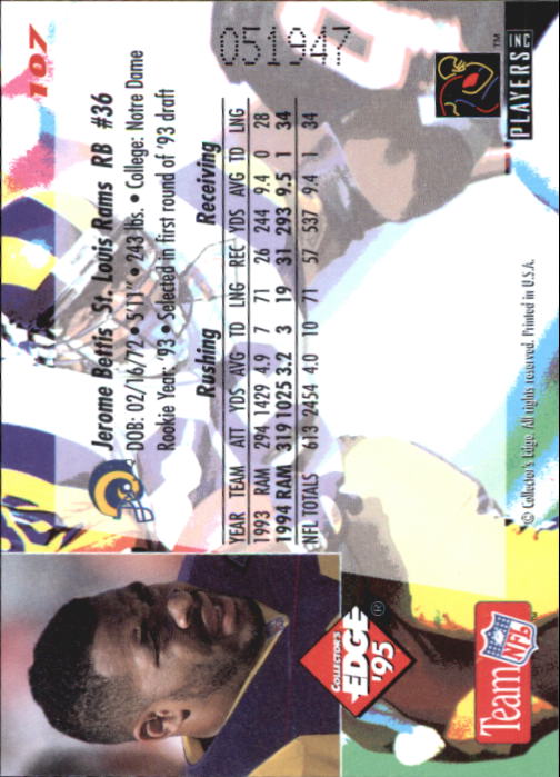 1995 Collector's Edge #107 Jerome Bettis back image
