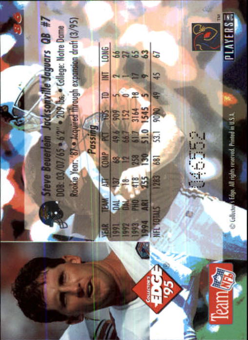 1995 Collector's Edge Black Label #86 Steve Beuerlein back image