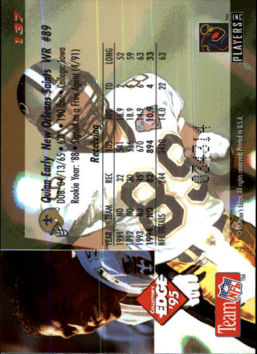 1995 Collector's Edge Black Label #137 Quinn Early back image