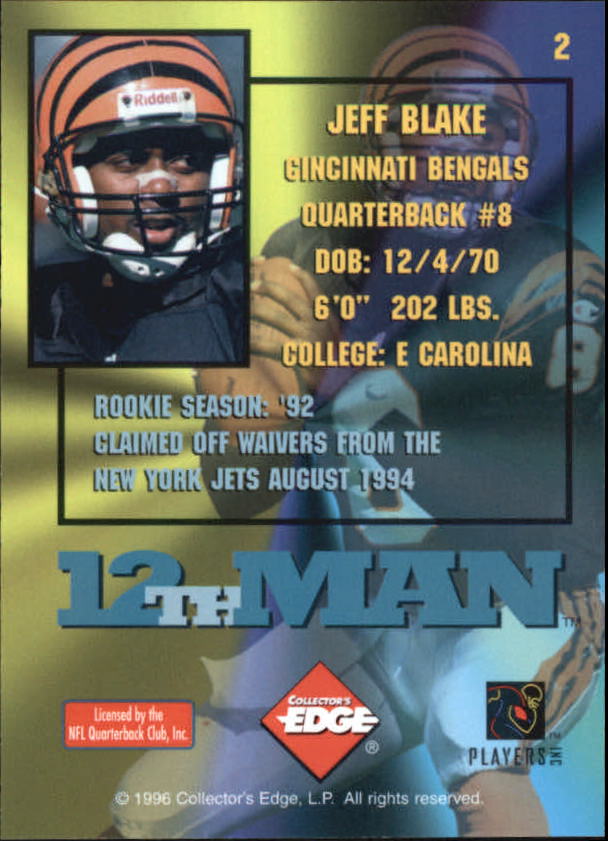 1995 Collector's Edge 12th Man Redemption #2 Jeff Blake back image