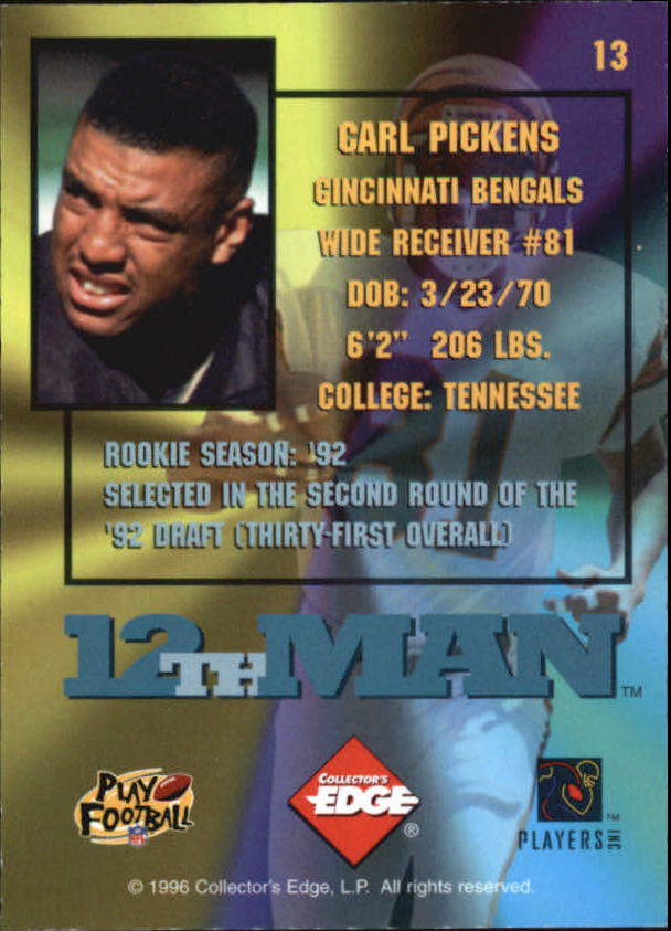 1995 Collector's Edge 12th Man Redemption #13 Carl Pickens back image