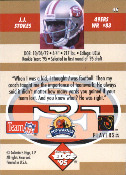 1995 Collector's Edge Instant Replay #46 J.J. Stokes RC back image