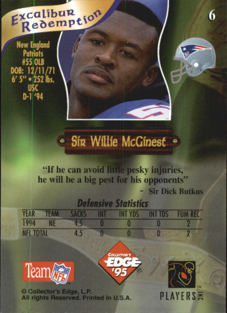 1995 Excalibur Rookie Roundtable Redemption Gold #6 Willie McGinest back image
