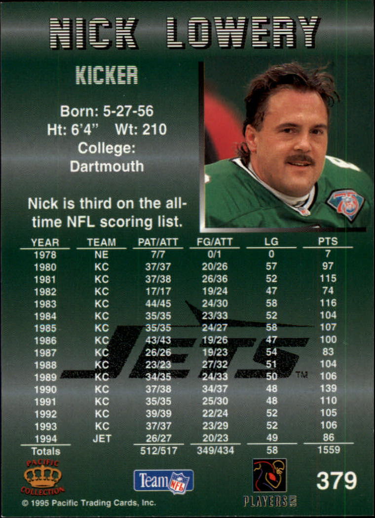 1995 Pacific #379 Nick Lowery back image