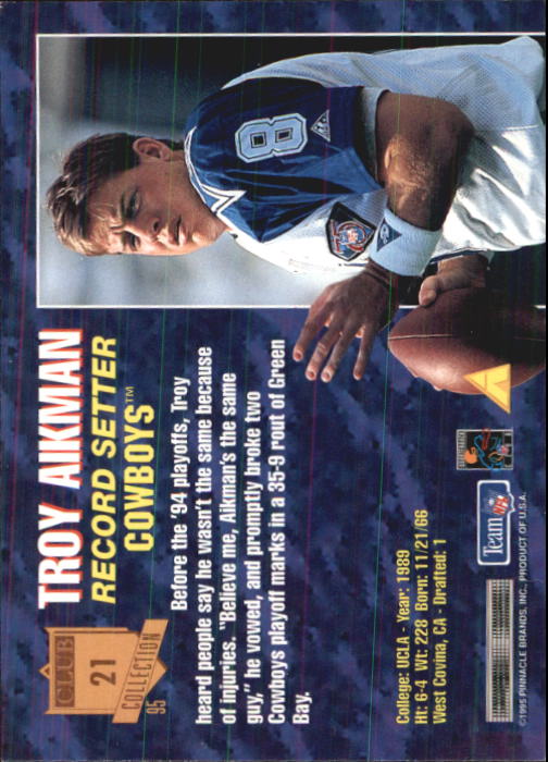 1995 Pinnacle Club Collection #21 Troy Aikman back image