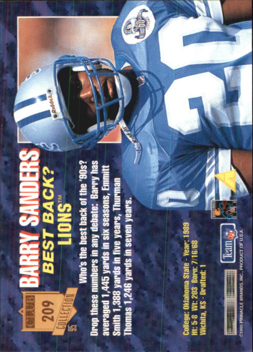 1995 Pinnacle Club Collection #209 Barry Sanders back image