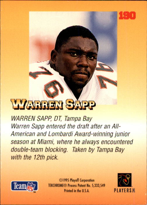 1995 Playoff Prime #190 Warren Sapp RC back image