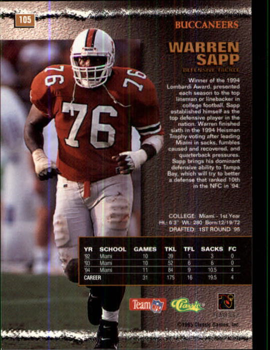 1995 Pro Line #105 Warren Sapp RC back image