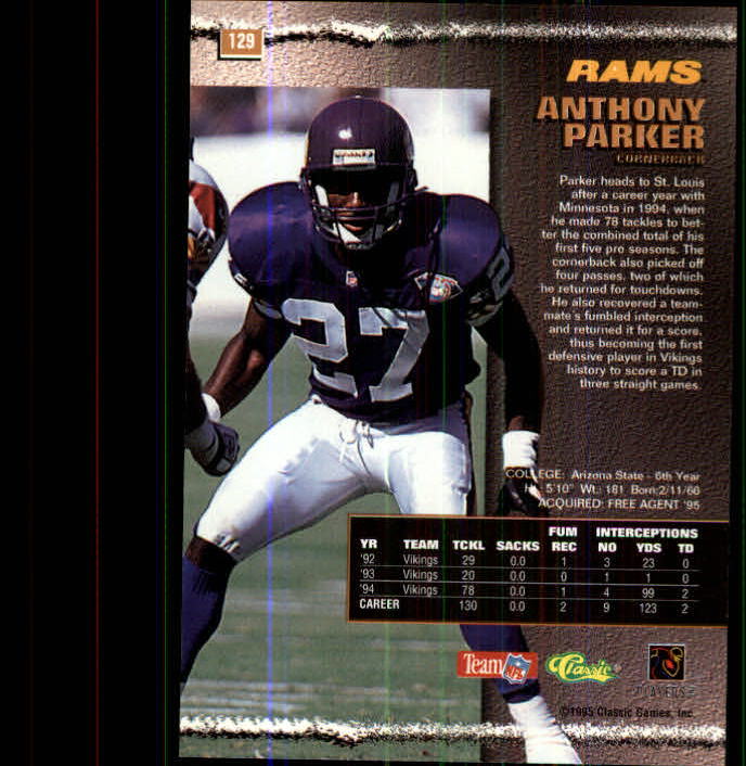 1995 Pro Line #129 Anthony Parker back image