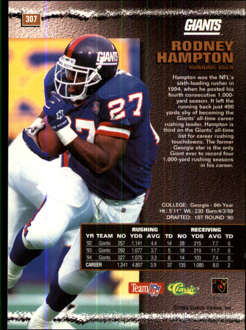 1995 Pro Line #307 Rodney Hampton back image