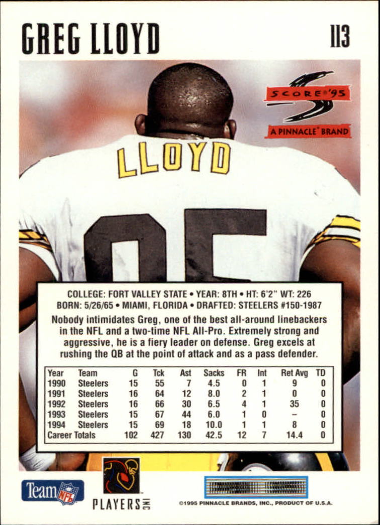 1995 Score #113 Greg Lloyd back image