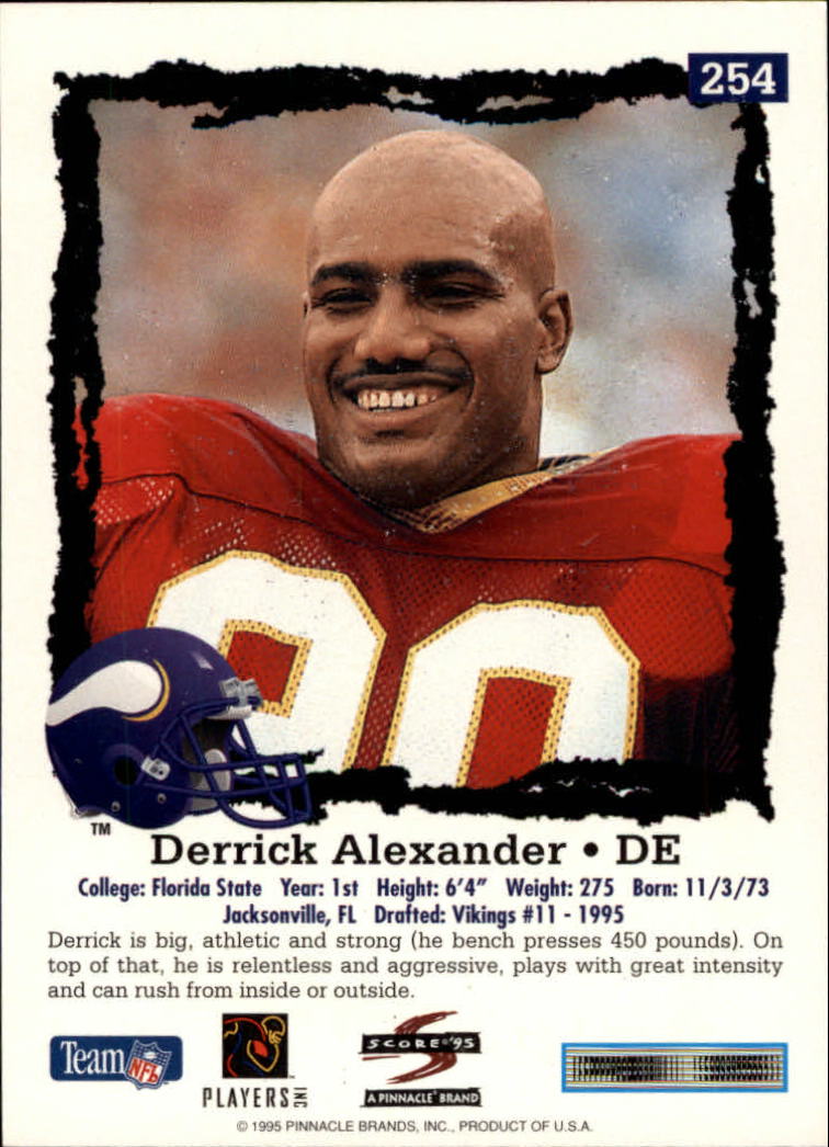 1995 Score #254 Derrick Alexander DE RC back image