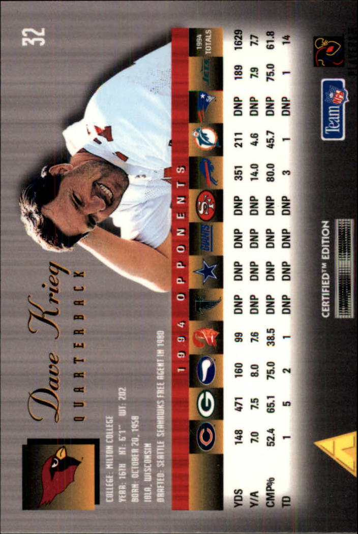 1995 Select Certified #32 Dave Krieg back image