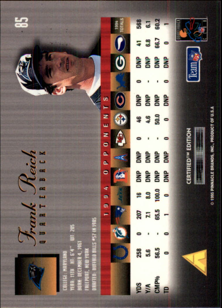 1995 Select Certified #85 Frank Reich back image