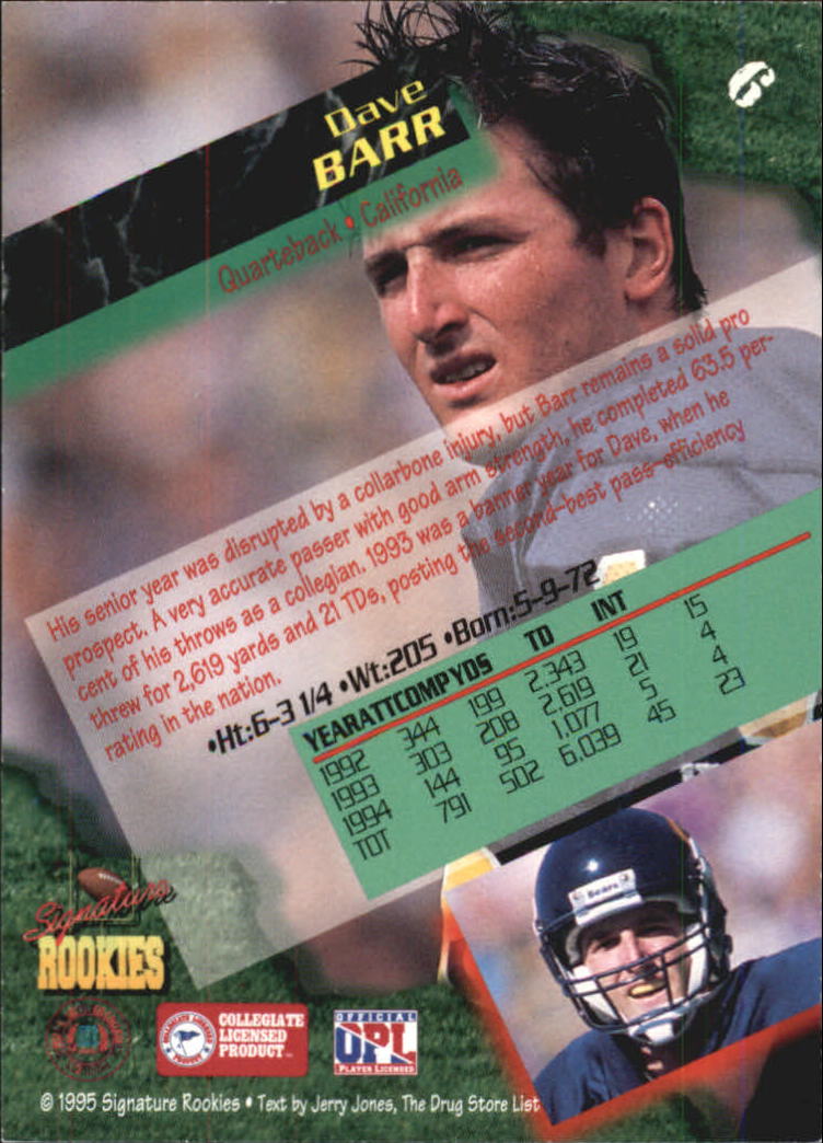 1995 Signature Rookies Autographs #6 Dave Barr back image
