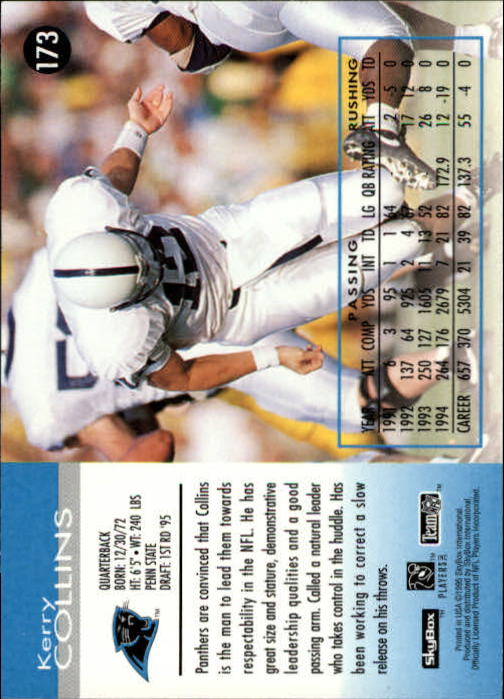 1995 SkyBox Impact #173 Kerry Collins RC back image