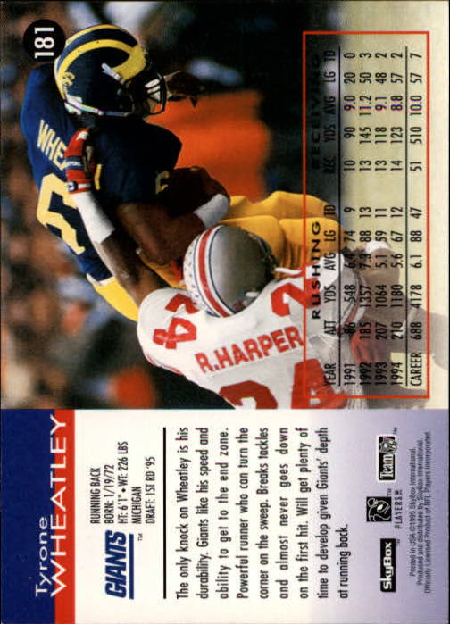1995 SkyBox Impact #181 Tyrone Wheatley RC back image