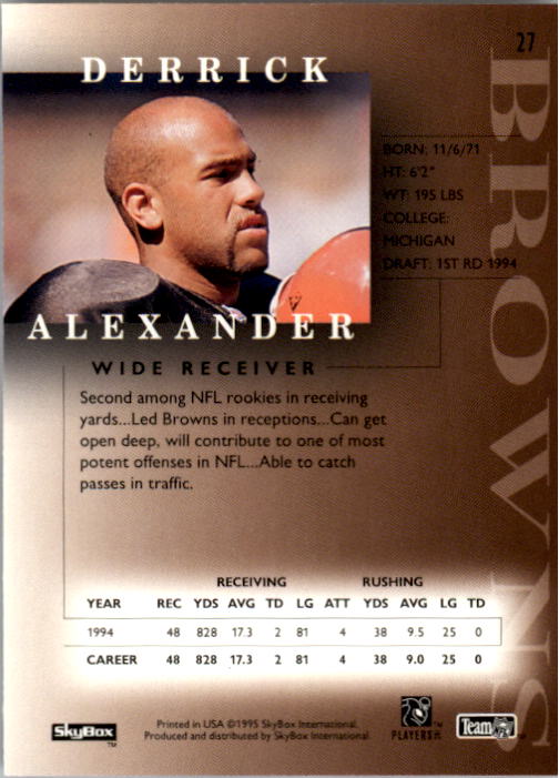 1995 SkyBox Premium #27 Derrick Alexander WR back image
