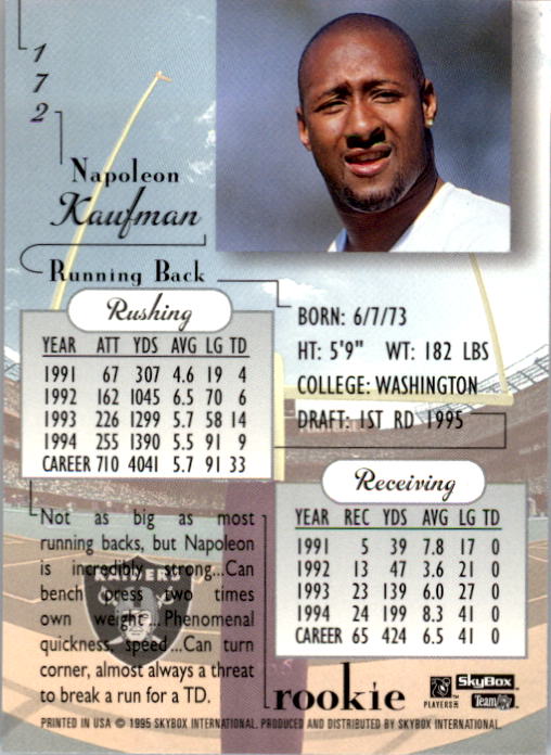 1995 SkyBox Premium #172 Napoleon Kaufman RC back image