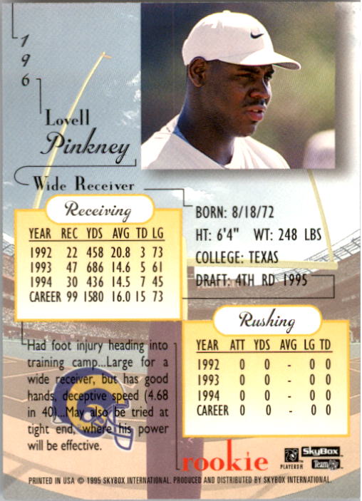 1995 SkyBox Premium #196 Lovell Pinkney RC back image
