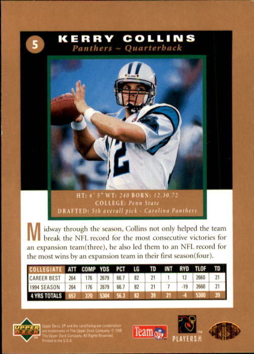1995 SP #5 Kerry Collins RC back image