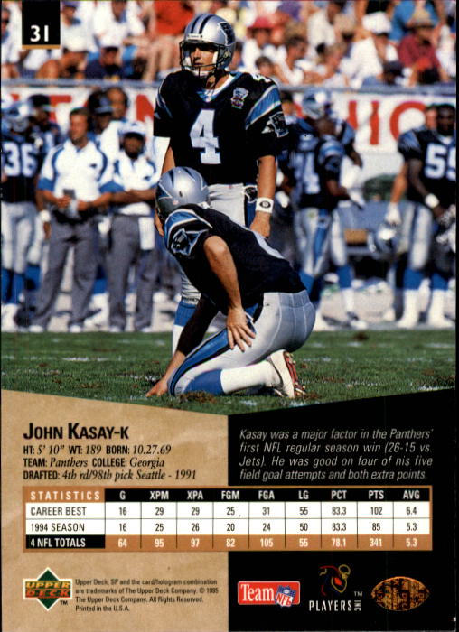 1995 SP #31 John Kasay back image