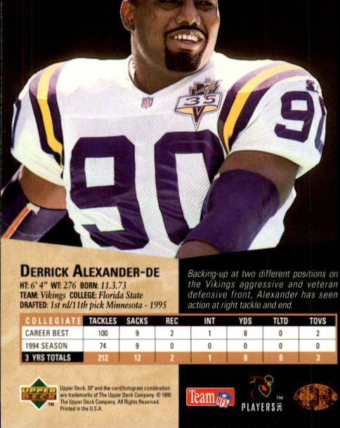 1995 SP #63 Derrick Alexander DE RC back image